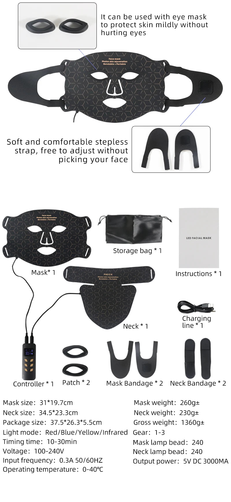 GlowThera - 4-Color LED Gesichts- & Halsmaske mit Rotlicht / Infrarot-Photonentherapie.